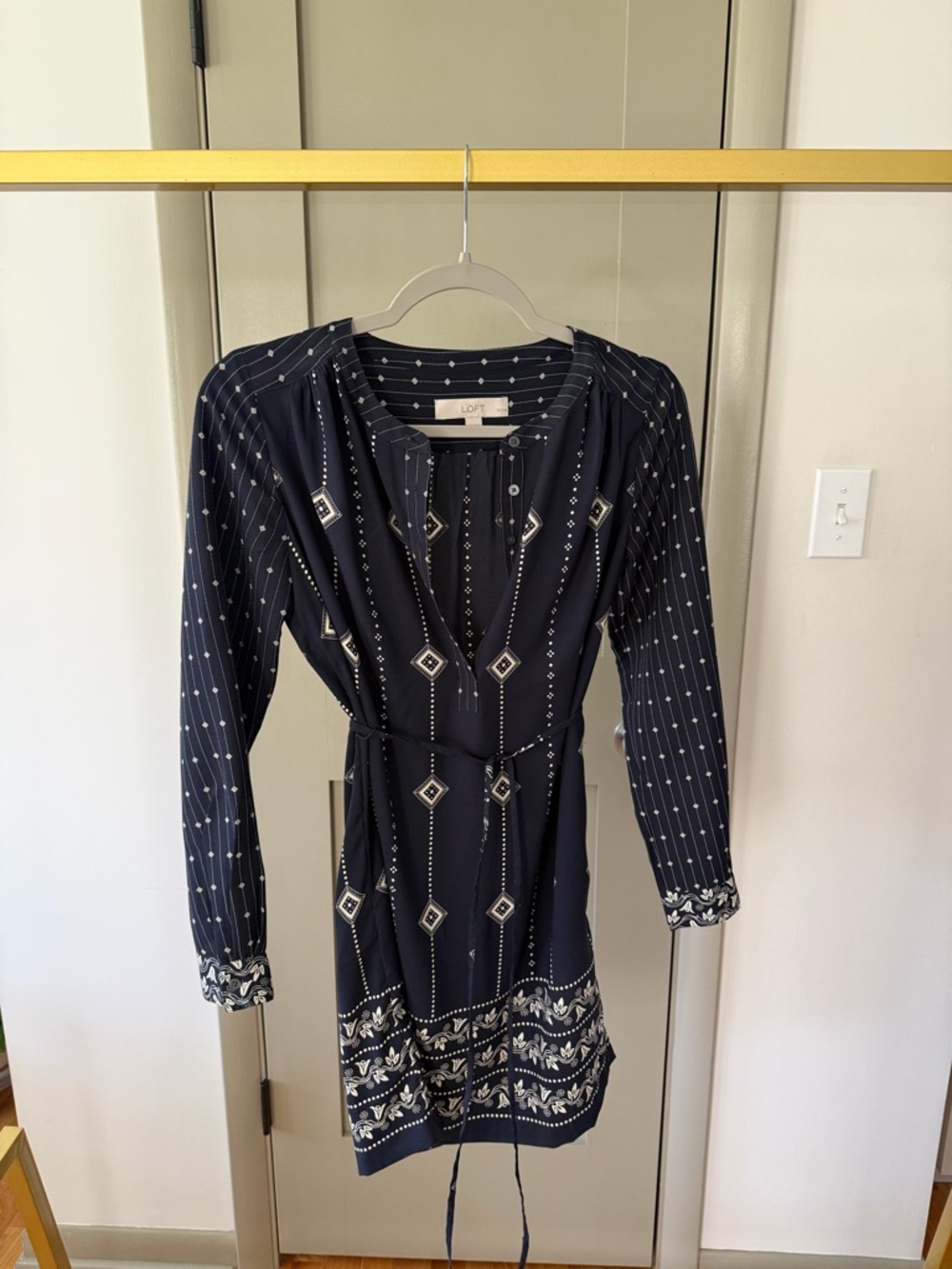 LOFT Navy Printed Long-Sleeve Midi Dress